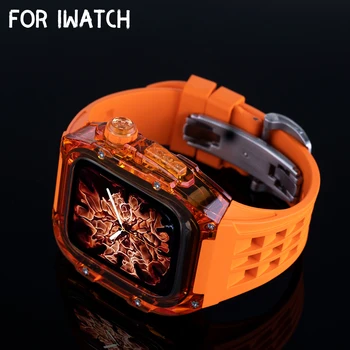 Luxusní Průhledné Pouzdro pro Apple Watch 45MM, 44MM Fluororubber WatchBand Correa 8 7 6 5 SE pro Iwatch Modifikace Příslušenství