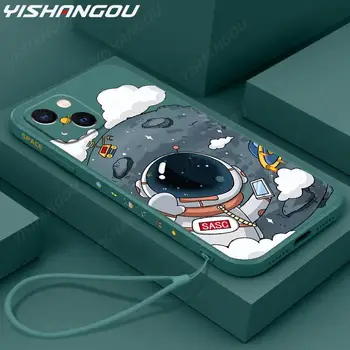 Roztomilé Kreslené Astronaut Šňůrka Telefon Pouzdro Pro iPhone 14 13 12 11 Pro MAX XS XR-X 7 8 Plus SE 2022 Měkké TPU Nárazuvzdorný Zadní Kryt