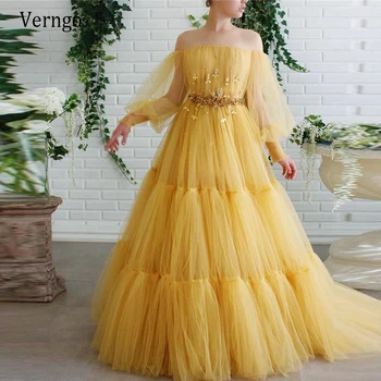 Verngo Víla Jasně Žlutý Tyl A-Line Dlouhý Ples Šaty Listového Rukávy Bez Ramínek Crystal Listy Pás 2021 Večerní Party Šaty