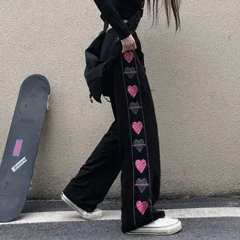 2022 Černé Korejské Srdce Tisk Kalhoty Roztomilé Dívky Harajuku Kalhoty Streetwear Žena Léto Podzim Módní Gothic Tepláčky Ženy