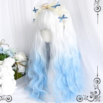 HOUYAN syntetické dlouhé kudrnaté vlasy vlna stříbrná bílá modrá gradient cosplay Lolita paruku ženské vysoké teploty odolné syntetické