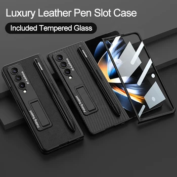 GKK Pro Samsung Galaxy Z Fold 4 Případ Luxusní Kožený Sklo Obrazovky Ochraně Stojan Kryt Pro Galaxy Z Fold4 Pero Slot Hard Case