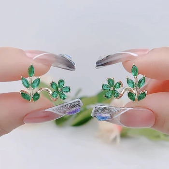 2022 Nové Náušnice Zelené Listy, Květy Malé Čerstvé Sterling Silver Náušnice Pin Výklenek Design Nádherné Náušnice Pro Ženy