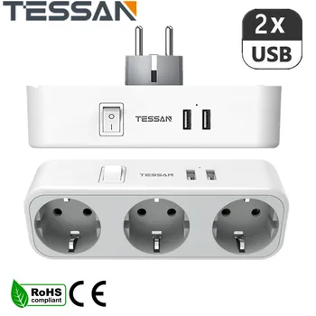 TESSAN USB Zásuvka, Multi Konektor prodlužovací kabel s 3 Way Zásuvky, 2 USB Porty, Vypínač EU Zásuvky zařízení Extender Adaptér pro Domácí Cestování
