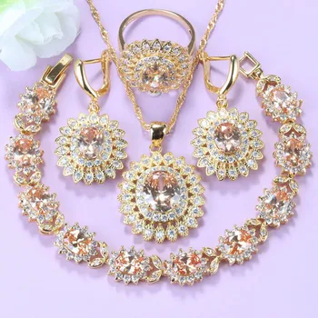 Luxusní Arabské Zlaté Barvy Šperky Sady Šampaňské Zirkon Slunečnice Módní Svatební Kostým Náhrdelník A Náušnice Pro Ženy Dárek