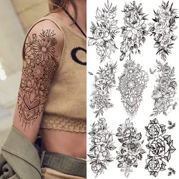 Henna Květina Dočasné Tetování Pro Ženy, Holka, Dospělý, Pivoňka, Orchidej, Růže Tetování Nálepka Black Realistický Motýl Falešné Tetování Paže