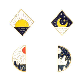 Umění Krajiny Piny Klopy Karikatury Odznaky Sun Moon Smaltované Brože Pro Ženy Módní Hidžáb Kolíky, Odznaky, Roztomilé Šperky Na Batoh