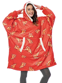 Obří Deka s Kapucí Ženy Pizza Chléb Vzor Oversized Mikina s kapucí Mikiny Podzim Zimní Fleece Teplé Nositelná Deka s Rukávem