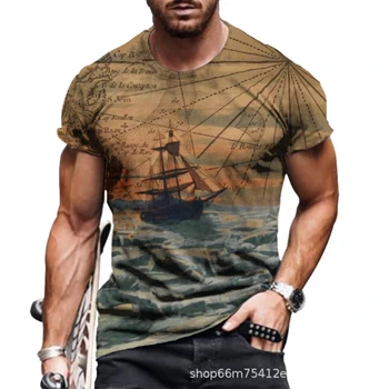 2022 letní nové pánské košile urban osobnosti kolem krku krátký rukáv námořní plachetnice 3D digitální tisk pánské tričko