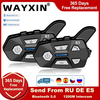 WAYXIN R5 Helmu Headset Motocykl Intercom 2 osoby 1200M Jezdit Interphone Univerzální Párování Vodotěsné FM Bluetooth 5.0 DSP