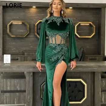 LORIE Zelený Velur Mořská panna Prom Šaty 2022 Sexy Vysoké Štěrbinou Nášivky Dlouhé Rukávy Korálkové Formální Večerní Šaty Vestidos De Gala