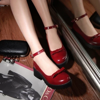 Japonské loli denní sweet lolita boty s kulatou hlavou tlustý podpatek dámské boty tlusté dno jeden-slovo spony bowknot roztomilé boty, protože