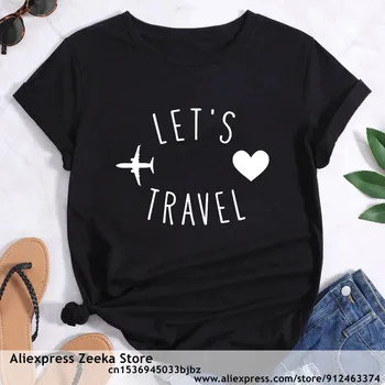 Ženy, Pojďme Cestovat Vtipné Print Ladies T-shirt Dívku, Y2K Harajuku Bázi O-límec Bílé Košile Krátký Rukáv Top Tričko,Drop Loď