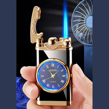 Nová vahadla automatické zapalování přímo modrý plamen lehčí creative real dial nafukovací větruodolný zapalovač pánské hodinky dárek