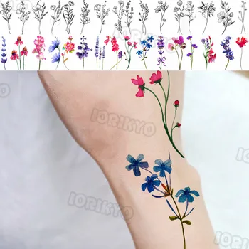 Barvitý, květ, Květ Dočasné Tetování Pro Ženy Dívky Realistické Trny Měsíc Levandule Falešné Tetování Nálepka Ruce, Tělo, Tetování 3D