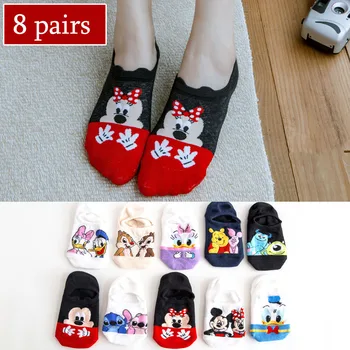 8 Párů Disney Korea Styl Ženy Ponožky Kawaii Roztomilý Kreslený Ponožky Mickey Minnie Daisy zvířat kotníčkové Ponožky Bavlna Neviditelný ponožky