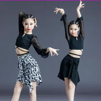 Dívky Leopard Tisk Latinské Taneční Sál Taneční Soutěž Kostýmy Mesh Děti Černá Salsa Moderní Latinské Praxi Dancewear Šaty