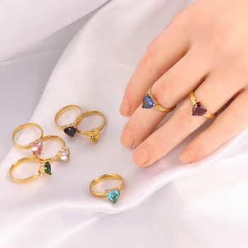 Móda jednoduchý Srdce Zirkon Prsteny z Nerezové Oceli Luxusní Barevné Prsten Zasnoubení Svatba, Výročí Prsten pro Ženy Šperky