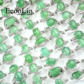 15Pcs Zelený Přírodní Kámen Stříbrný Pozlacený Ženy Prsteny Pro Ženy Módní Velkoobchod Šperky Vlnách Spousta Vánoční Dárek LR4007