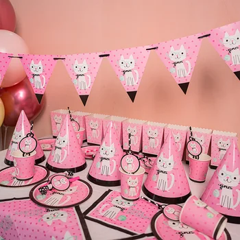Růžové Kreslená Kočka Téma Narozeninové Party Dekorace Dodává Nádobí Papíru Pohár Deska Ubrousky Popcorn Box Miminko Děti Laskavosti