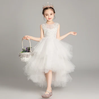 Bílá Krajka květinářka Šaty Nadýchané Krásy První Přijímání Šaty pro Dívky Korálkové Tylu Děti, Večerní Svatební Party Šaty