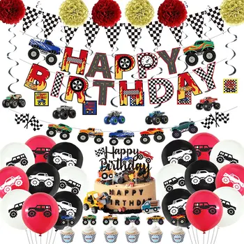 54Pcs Monster Truck Téma Party Dodávky Zahrnují Šťastné Narozeniny Bannery, ručního Papíru, Květinové Dekorace a Balónky