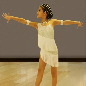 Děti Profesionální Latin Dance Šaty Děti Flitry Sál Taneční Soutěž Dívka Šaty Střapec Cha Cha, Rumba Taneční Kostým