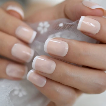 Módní Letní Krátké Nude Béžová Bílá francouzský Nepravdivé, Falešné Nehty Lesklý UV Tisk na Nehty Plné Krytí Nosit Finger Nail Art Tipy