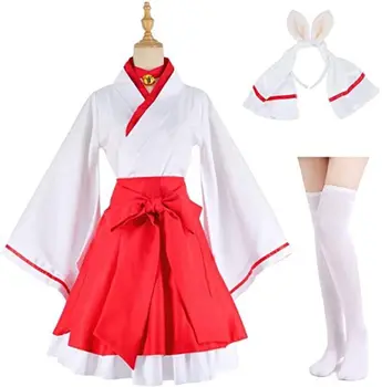 Japonské Kimono Anime Cosplay Červené a Bílé Kimono Nastavit Fox Ženy Kostým Pro Halloween Výkon Miko Maškarní Oblečení S-5XL