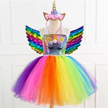 Jednorožec Cosplay Kostým pro Dívky Rainbow Dlouhé Šaty up Mesh Tutu Sukně Princezna Šaty Halloween Kostým Na Děti Karneval Párty