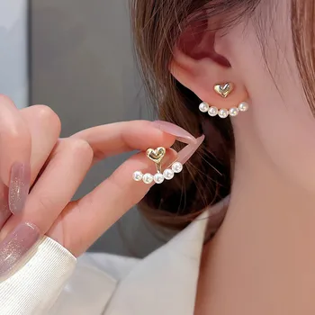 2022 Nový Elegantní Kovový Ve Tvaru Srdce Zpět Visící Perlové Náušnice Korejský Módní Šperky Pro Ženy, Dívky, Příslušenství, Velkoobchod