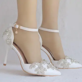 Svatební Boty Nevěsta 7cm Podpatky Crystal White Čerpadla Štědrý Den Večer Párty Luxusní Sandály na Podpatku Plus Velikost 43